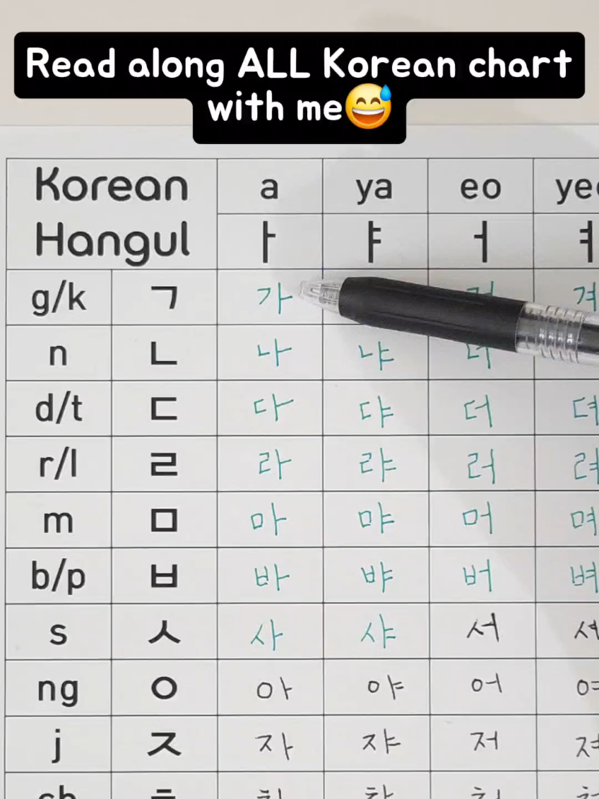 Read along all Korean chart with me😅 #koreanbeginner #hangul #hangulpractice #koreanlanguageclass #koreanlesson 