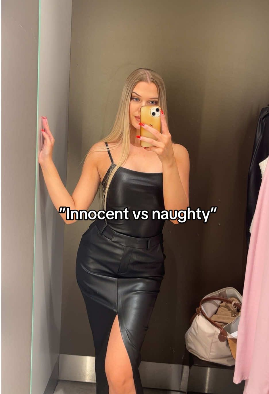 ”Innocent 😇 vs naughty 😈”, which look you like more?? 🤭 Comment 😇 or 😈! #leatherlook #leatherskirt #outfitinspo #OOTD #fyp