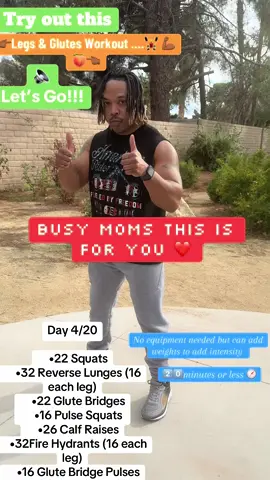 Ladies! Day 4/20 Consecutive Legs & Glutes Challenge for women, single moms, and busy moms 💪🍑 Each workout will take 20 minutes or less ⏱️ and will progressively get harder every day 🔥 No equipment needed — but if you have weights and want to use them, go for it! 🏋🏽‍♀️ _ Turn on notifications for my posts 🔔 so you don’t miss the daily workouts! So get ready to start strong! 💥 _ If you’re in the Vegas area and want to join me in person to complete the challenge , send me a message 💬 . . . #glutesworkout #busymom #quickworkout #DailyRoutine #TheRepNationJourney