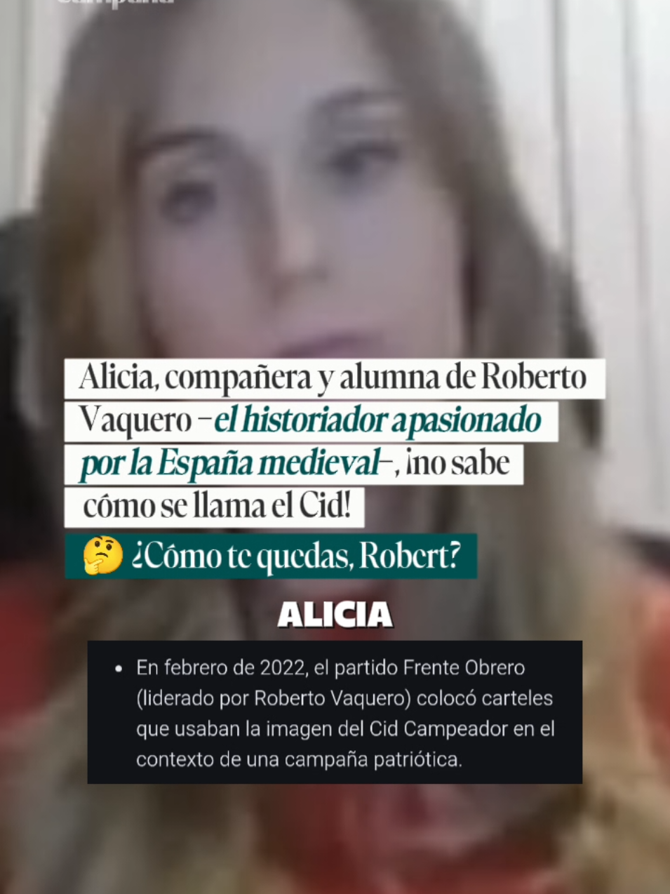 🤔 Mohamed y punto pregunta a la patriota del Frente Obrero, Alicia: “¿Cómo se apoda Rodrigo Díaz de Vivar?”. La alumna de Roberto Vaquero se queda en blanco.  Cid . #frenteobrero #robertovaquero #elcid #mohamedypunto #historiaespaña 