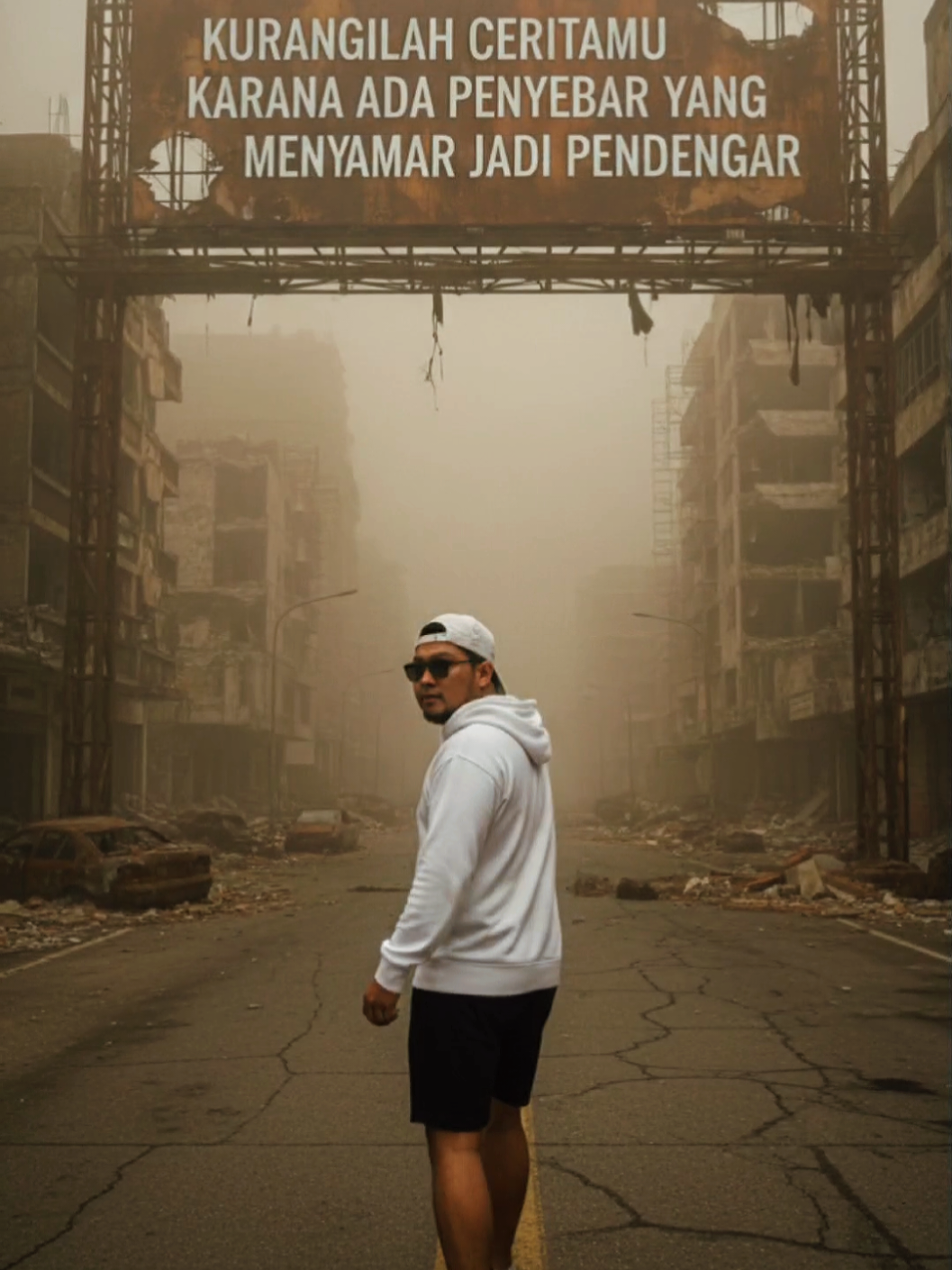 Buatkan saya Gambar menggunakan Wajah 99% dari gambar ini Subjek: Seorang pria (menggunakan wajah 99% dari gambar ini) berjalan menjauh, melihat ke belakang ke arah kamera. Dia mengenakan hoodie putih, celana pendek hitam, topi bisbol putih terbalik, kacamata hitam, dan sepatu kets abu-abu. Latar Belakang: Lingkungan perkotaan pasca-apokaliptik yang hancur dan berkabut. Bangunan-bangunan rusak dan sebagian runtuh di kedua sisi jalan. Puing-puing, termasuk pecahan beton dan rangka mobil yang berkarat, berserakan di jalanan dan trotoar. Detail Atmosfer/Pencahayaan: Ada kabut atau asap tebal yang menutupi area tersebut, memberikan suasana suram dan redup. Pencahayaan tampak redup dan merata karena kondisi berkabut. Elemen Tambahan: Papan Reklame: Sebuah papan reklame besar yang rusak dan berkarat berdiri di atas jalan. Tulisannya dalam bahasa Indonesia, berbunyi: 