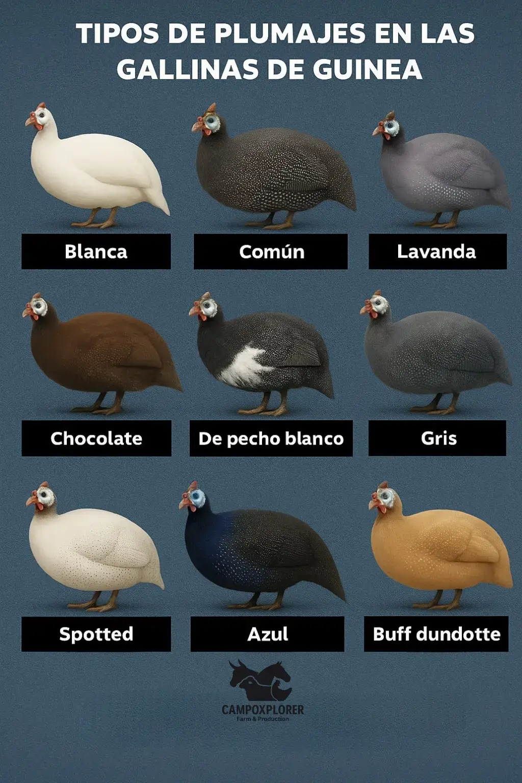 🪶 Tipos de Plumaje en las Gallinas de Guinea Cada variedad tiene su propio encanto, desde la elegante Blanca hasta la exótica Buff Dundotte.#poultry #rural #hens #farm #aves 