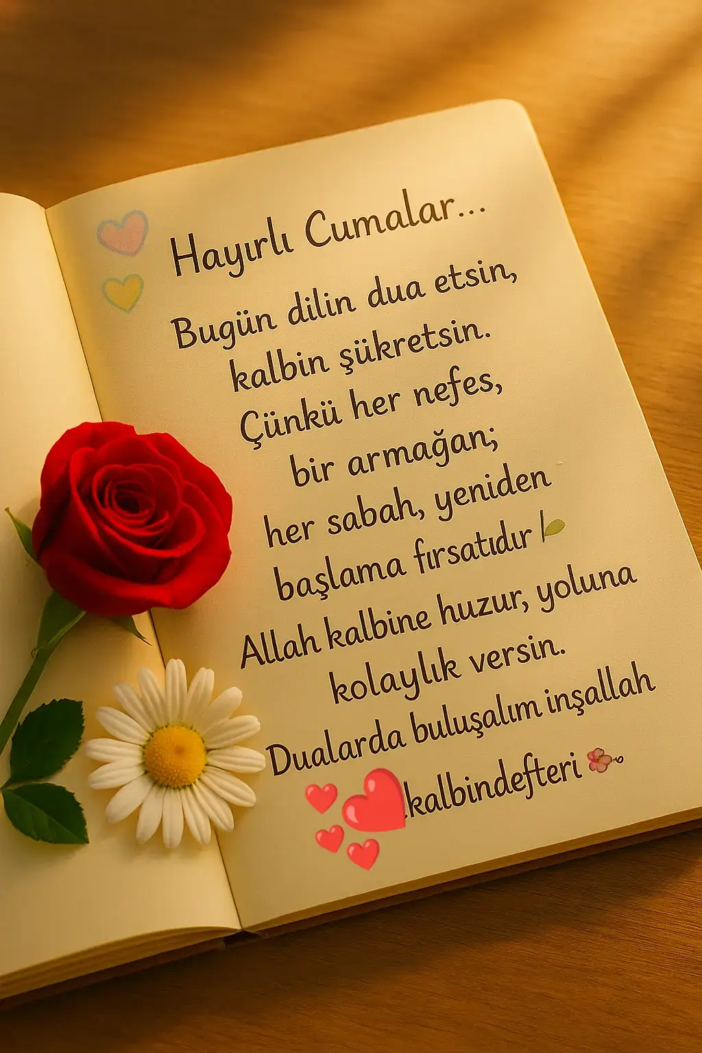Bugün sadece dilinle değil, kalbinle de dua et 💛 Çünkü Allah, sessiz duaları da duyar… Kalbine ferahlık, ömrüne bereket, yoluna ışık versin 🌙 Hayırlı Cumalar olsun 🤲 @kalbindefteri 🌸∞ #KalbinDefteri #HayırlıCumalar #DualıSözler #KalptenDua #HuzurluGün