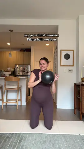 taking it slower lately and been loving adding my Pilates ball for a challenge  30 seconds each move - aim for 2-3 times through  Front raise  Side stretch right Side stretch left Straight leg lift right Straight leg lift left Bear plank knee taps Modified side plank right Modified side plank left #thirdtrimesterworkout #laborprep #prenatalworkout #athomepilates #pilatesabworkout 