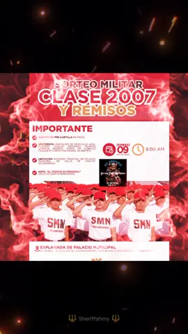 Atención jóvenes, este domingo 9 de noviembre, a partir de las ocho de la mañana, se realizará el sorteo militar para clase 2007 y remisos. Lleva pre-cartilla militar, asiste con pantalón de mezclilla azul, playera blanca de cuello redondo, zapatos negros y corte de cabello casquete corto, sin gorra ni aretes, ¡sólo debe acudir la persona interesada, sin acompañantes! Te esperamos en la entrada principal del Palacio Municipal, en avenida Del Mazo y Tezozómoc, colonia Alfredo Baranda. Valle de Chalco 