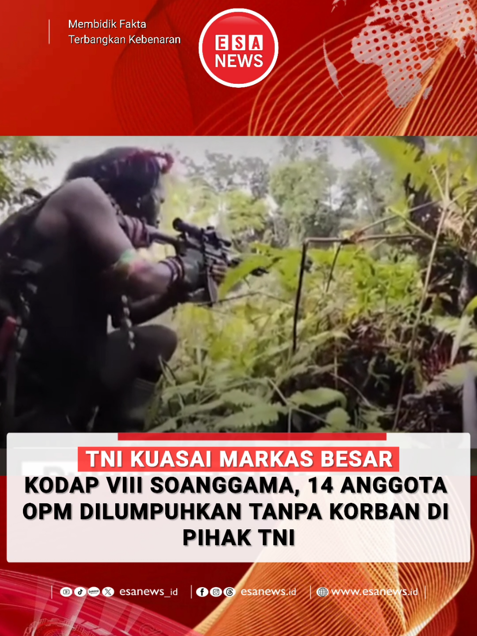 EsaNews.id — Pada Rabu, 15 Oktober 2025, Satuan Tugas Gabungan (Satgasgab) TNI berhasil melancarkan operasi senyap dalam perebutan Markas Besar Kodap VIII Soanggama. Operasi ini melibatkan unsur Satgas Rajawali II, Yonif 500 Raider, dan Yonif 712/WT, dengan hasil yang signifikan bagi stabilitas keamanan di wilayah Papua. Dalam aksi militer tersebut, 14 anggota Organisasi Papua Merdeka (OPM) berhasil dilumpuhkan. Di antara mereka, terdapat beberapa tokoh penting seperti Agus Kogoya, yang menjabat sebagai Kepala Staf Operasi Kodap VIII Soanggama, serta Zakaria Kogoya, pelaku penembakan terhadap prajurit TNI pada operasi sebelumnya. Selain itu, pasukan TNI juga berhasil menyita berbagai barang bukti berupa 4 pucuk senjata api, amunisi, alat komunikasi, dan sejumlah dokumen penting milik kelompok separatis tersebut. Keberhasilan operasi ini menjadi pukulan telak bagi jaringan OPM, sekaligus memperlihatkan kemampuan taktis pasukan TNI dalam menjalankan operasi militer tanpa menimbulkan korban di pihaknya. Operasi ini disebut sebagai bagian dari upaya berkelanjutan TNI dalam menjaga keutuhan Negara Kesatuan Republik Indonesia (NKRI) serta menciptakan rasa aman bagi masyarakat di wilayah Papua. EsaNews.id | Membidik Fakta, Terbangkan Kebenaran #esanews Sorotan Prabowo Subianto Semuaorang
