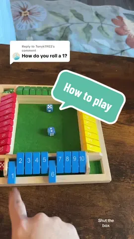 Replying to @Tonyk1903 you don’t have to roll a one.  You can put down a one as you use it to make the total of the dice.  #shutthebox #boardgame #game #educationalgame #woodtoy 
