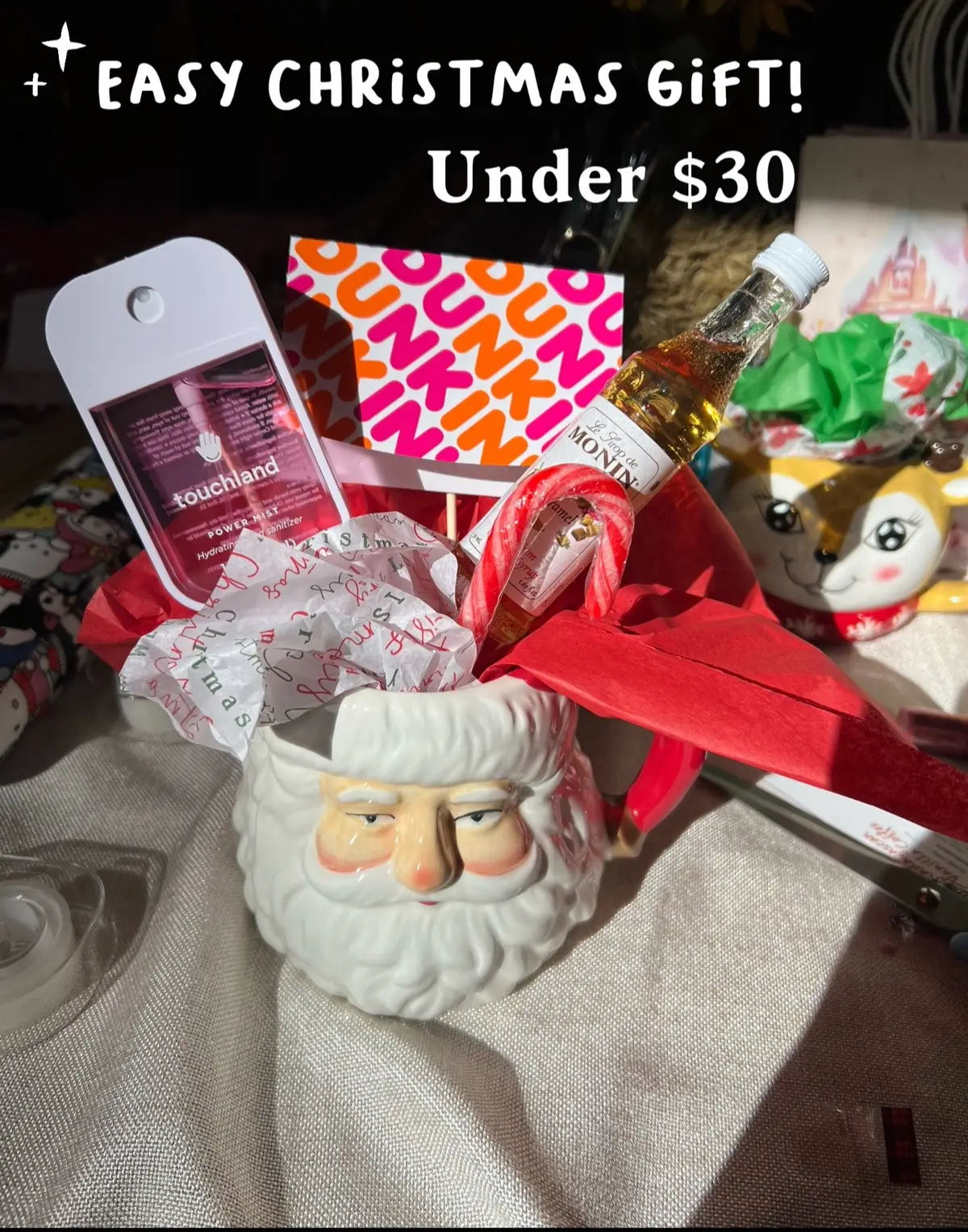 🎁 Affordable Christmas gift idea 🎄 Basically a mini brrr basket 🧊✨ ☕️ Cup – At Home – $6 🧴 Touchland sanitizer – Sephora – $8 (value pack!) 🍯 Coffee syrup – Amazon – $3 🍬 Candy cane – Dollar Tree – $1.25 🎟️ Dunkin gift card – $10 💸 Total: $28.25 Christmas doesn’t have to cost a ton — it’s the intention that matters 🫶 #ChristmasGifts #AffordableGiftIdeas #HolidayDIY #christiantiktok #burrbasket 
