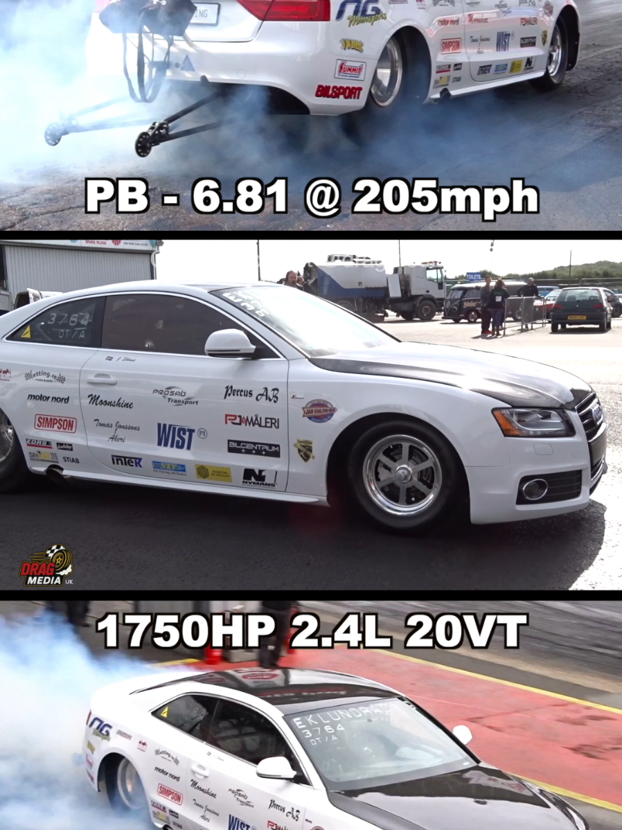 The Eklund Racing Audi A5 running low 7's with about 1250HP in 2016, went in to run a PB of 6.81 in 2021 💪💪 #dragmediauk #dragracing #cars #audi #Motorsport 