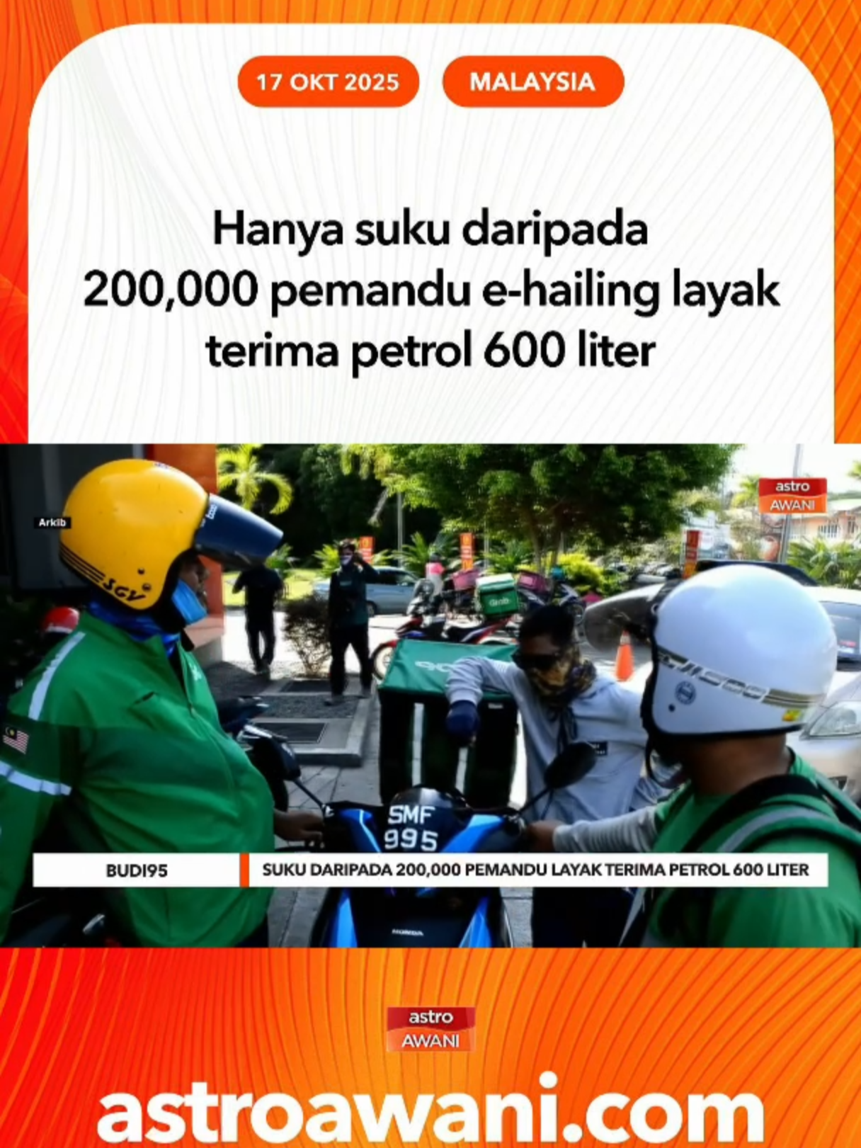 Suku daripada 200,000 pemandu aktif e-hailing dan p-hailing layak menerima manfaat tambahan 600 liter petrol bersubsidi Budi95. #AWANInews
