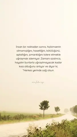İnsan bir noktadan sonra, hiçkimsenin olmamışlığını, hasetliğini, kötülüğünü, aptallığını, şımarıklığını tolere etmekle uğraşmak istemiyor. Zamanı azalınca, hayatın bunlarla uğraşılmayacak kadar kısa olduğunu anlıyor ve diyor ki; 