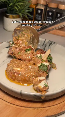 30 Days, 30 Easy Meals  Day 3: Black Pepper Chicken Karahi 🍗 Recipe 👇 Ingredients: 	•	¾–1 kg chicken 	•	2 medium onions (chopped) 	•	½ bowl oil 	•	1 tbsp cumin seeds 	•	2 tbsp ginger-garlic paste 	•	Juice of 3 lemon 	•	1 bowl yogurt 	•	1 tbsp black pepper 	•	Salt to taste 	•	1 tsp garam masala 	•	½ tsp cumin powder 	•	½ tsp red chili powder (optional) 	•	Fresh coriander (chopped) 	•	1 inch ginger (julienne cut) 	•	2–3 tomatoes (chopped) 	•	½ bowl water 	•	2 tbsp cream 	•	Green chilies (for garnish) Method: 	1.	Heat oil in a pan, add cumin seeds, and let them splutter. 	2.	Add chopped onions and sauté until golden. 	3.	Add chicken and top with ginger-garlic paste, lemon juice, yogurt, and all spices. Mix well. 	4.	Cook for 7–8 minutes, then add chopped tomatoes and half a bowl of water. 	5.	Let it cook until the chicken is tender and the gravy thickens. 	6.	Stir in cream, top with fresh coriander, ginger, and green chilies. 	7.	Serve hot with naan or rice. #EasyMeals #30Days30Meals #BlackPepperChickenKarahi #QuickRecipes #HomeCooking     