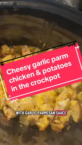 Garlic Parmesan Chicken & Potatoes in the CROCKPOT 🤤💥 So creamy, so flavorful, and literally zero effort.  3 small russet potatoes diced & seasoned with EVOO, s&p, garlic & onlion powder & paprika + scoop of minced garlic 1/4 onion diced 1 large chicken breast diced Top everything w garlic parm sauce Cook high for 3 hours or low for 6 Too with shredded cheese before you eat! #GarlicParmesanChicken #CrockpotRecipes #SlowCookerMeals #EasyDinnerIdeas #ComfortFoodRecipes