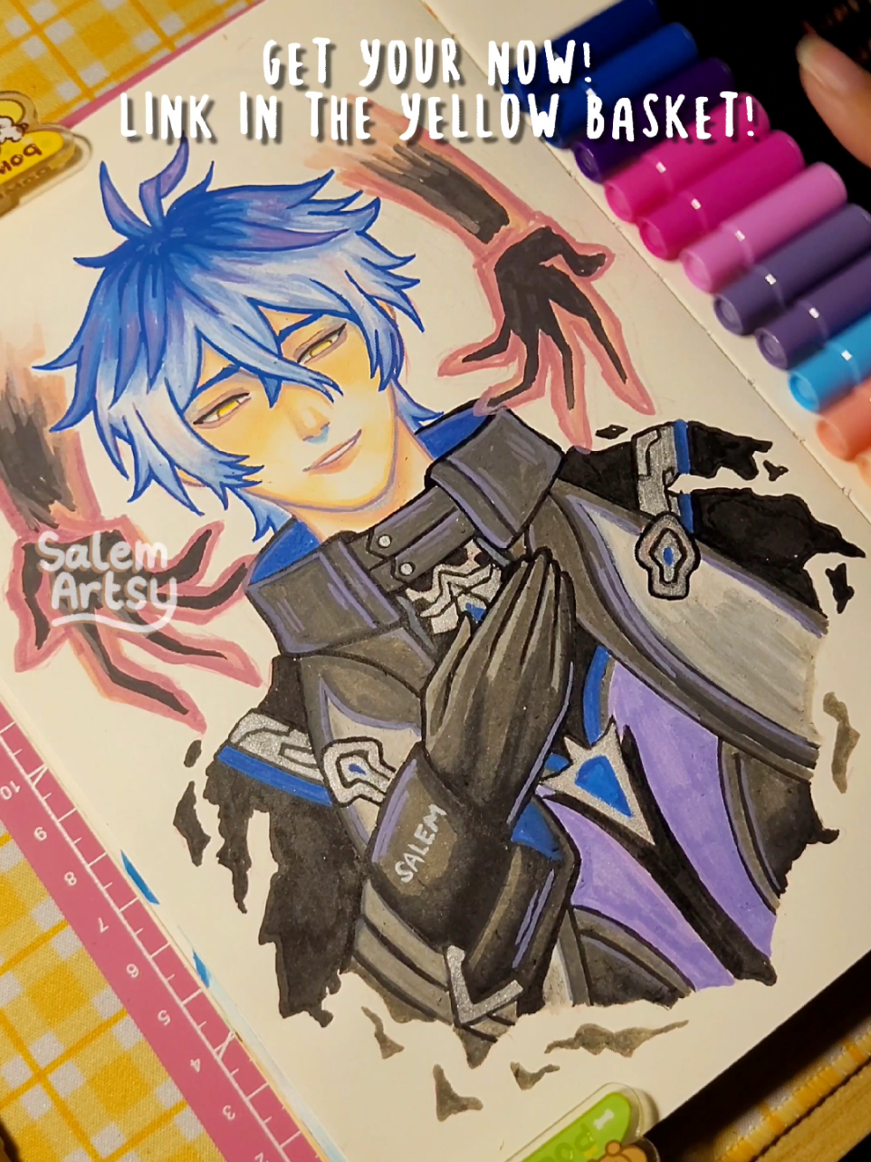 Locked in last night just to finally get him! I'm so happy! Wanna try making art with these Hightune markers? I love how fine and thin the nibs are on these ones. Plus, 2 colors in 1 marker? Bring it on! Get yours now, link on the yellow basket! #acrylicmarker #hightune #flins #flinsgenshin  #GenshinImpact 