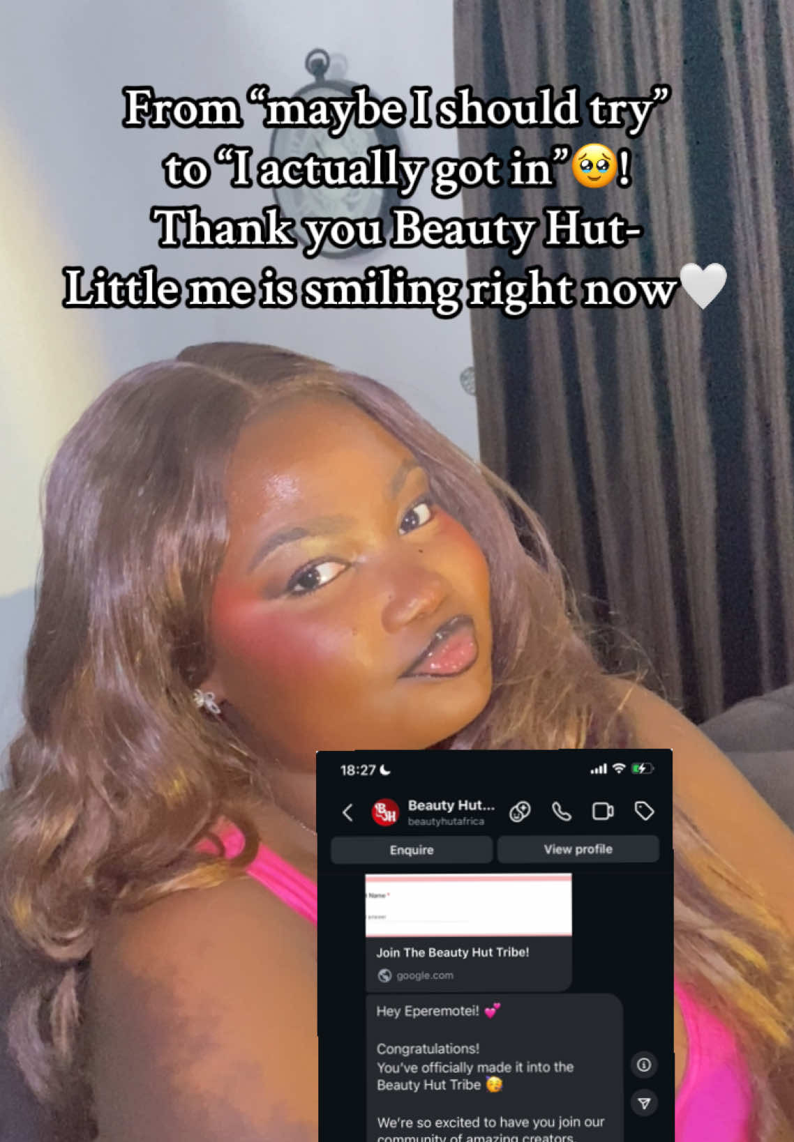 I am so excited y’all, we got in!! And I say “we” cause I couldn’t have done it without you guys!🥹 I love this community!!😭❤️ Thank you @Beauty Hut Africa 🤍 #beautyhuttribe#beautycreator#eperemotei 