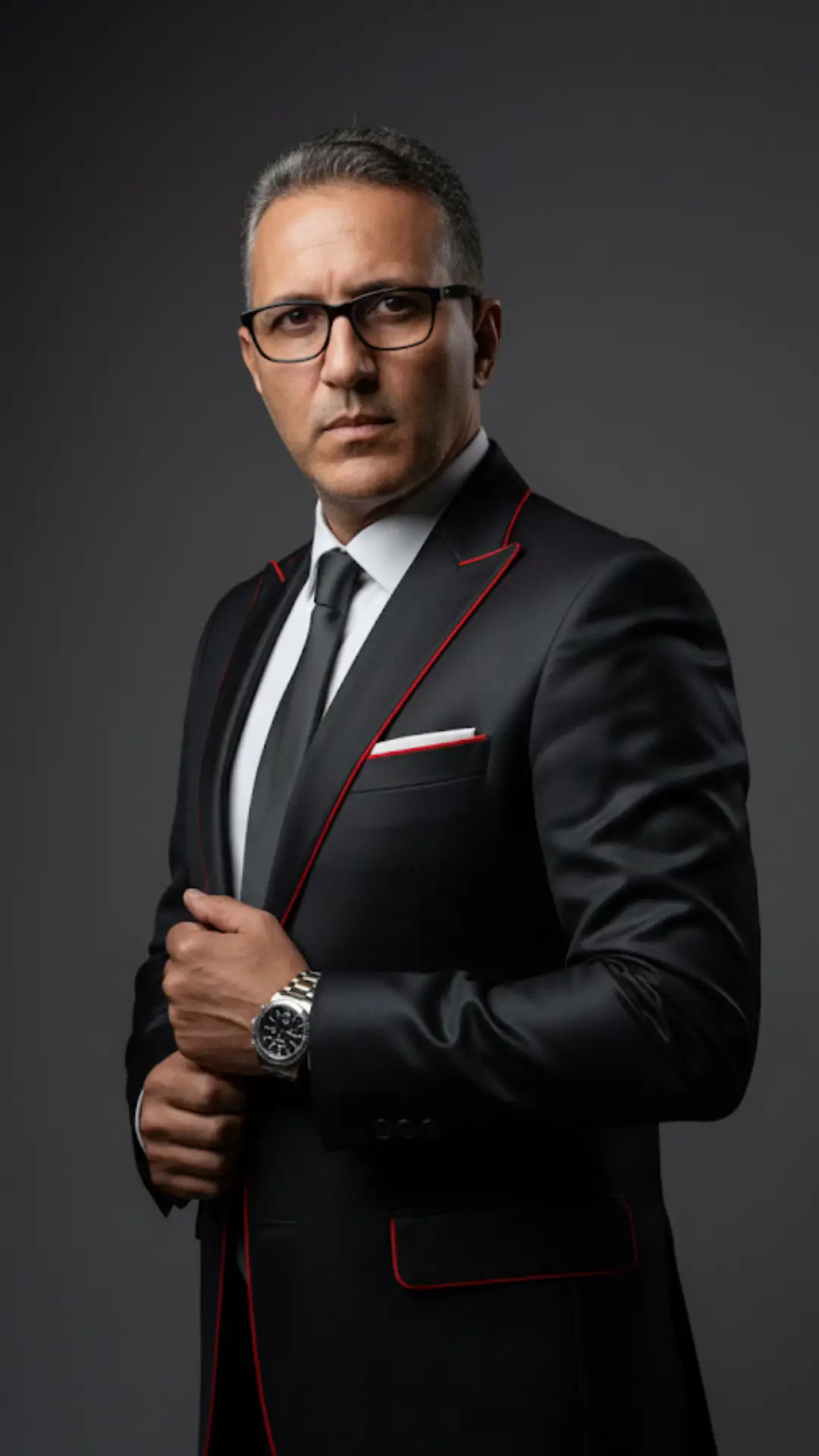 صورة واقعية للغاية بدقة 8K لي هذه الصورة مع عدم تغير الملامح يرتدي بدلة سوداء لامعة ضيقة بقصة لا تشوبها شائبة وقميص أبيض منشى وربطة عنق رمادية داكنة. تتميز اللوحة بطيات صدر السترة حمراء وجيب مع وشاح أبيض مطوي ، ينقل الأسلوب التحريري للأزياء الرجالية. تظهر هذه الصورة تعبيرًا جادًا ومكثفًا ، وينظر مباشرة إلى الكاميرا ، مع حواجب مكشكشة قليلاً تعزز روعته. تمشيط الظهر بأناقة. تمسك إحدى اليدين اللوحة بإحكام ، وتبرز ساعة معدنية فاخرة على المعصم ، والأخرى تحمل كم الكتف برفق ، مما يعكس المظهر بمهارة. الرقبة عمودية ، نصف جسم ، تم التقاطها في صمت بخلفية رمادية داكنة محايدة تعزز التباين بين البدلة والجلد. الإضاءة مثيرة واتجاهية ، مع ضوء ناعم ومنتشر قادم من الجانب ، مما يخلق ظلالًا محكومة تبرز ملامح الوجه ، ونسيج البدلة. أسلوب التصوير الفوتوغرافي هو أزياء رجالية افتتاحية ، مع تباين عالٍ للغاية ، حدة شديدة ، ألوان مخلصة ، قوام واقعي وأجواء متطورة وقوية.