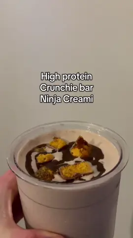 High Protein Crunchie Bar Ninja Creami 🍫 ⚡ 232 cals | 23.7g protein | 25g carbs | 4.4g fat ✨ Ingredients: * 200ml trim milk * 20g protein powder * 1g xanthan gum * 100ml water * 10g sugar free syrup * 15g Crunchie bar ⏱️ Freeze 24hrs  ➡️ let sit 10 mins  ➡️ blend on Light Ice Cream mode  ➡️ add half of Crunchie bar into the middle ➡️ respin ➡️ top with remaining crushed up Crunchie & syrup 👉 Follow for more Ninja Creami recipes  #highprotein #ninjacreamirecipe #proteinninjacreami #proteinicecream #crunchiebarninjacreami 