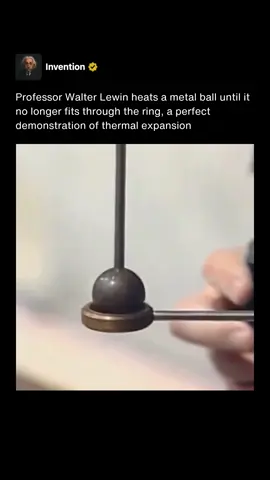 Thermal expansion is the tendency of matter to change in shape, area, and volume as its temperature rises. When a material is heated, its atoms vibrate with greater energy and move slightly farther apart from one another. This increase in atomic spacing causes the entire object to expand. Metals display this effect very clearly since they conduct heat efficiently and respond quickly to temperature changes. Professor Walter Lewin demonstrated this concept in one of his most famous MIT physics lectures. In his experiment, a metal ball easily passes through a metal ring when both are at room temperature. After heating the ball with a torch, the added thermal energy causes its atoms to spread out, making the ball expand until it can no longer fit through the ring. When the ball cools, its atoms contract back to their original positions, and it fits again, showing that the expansion is temporary and fully reversible. Thermal expansion affects almost everything we use and build. Engineers consider it when designing bridges, railways, and pipelines so that they can safely expand and contract with the weather. Expansion joints and flexible materials help prevent structural damage. Even thermometers and precision instruments depend on the predictable way materials expand with heat. This simple principle reveals how deeply temperature influences the physical world around us. Original Video Credit: YouTube/Lectures by Walter Lewin. They will make you ♥ Physics. (No copyright intended, credit to the rightful owners) #History #Science #education #learn #invention         