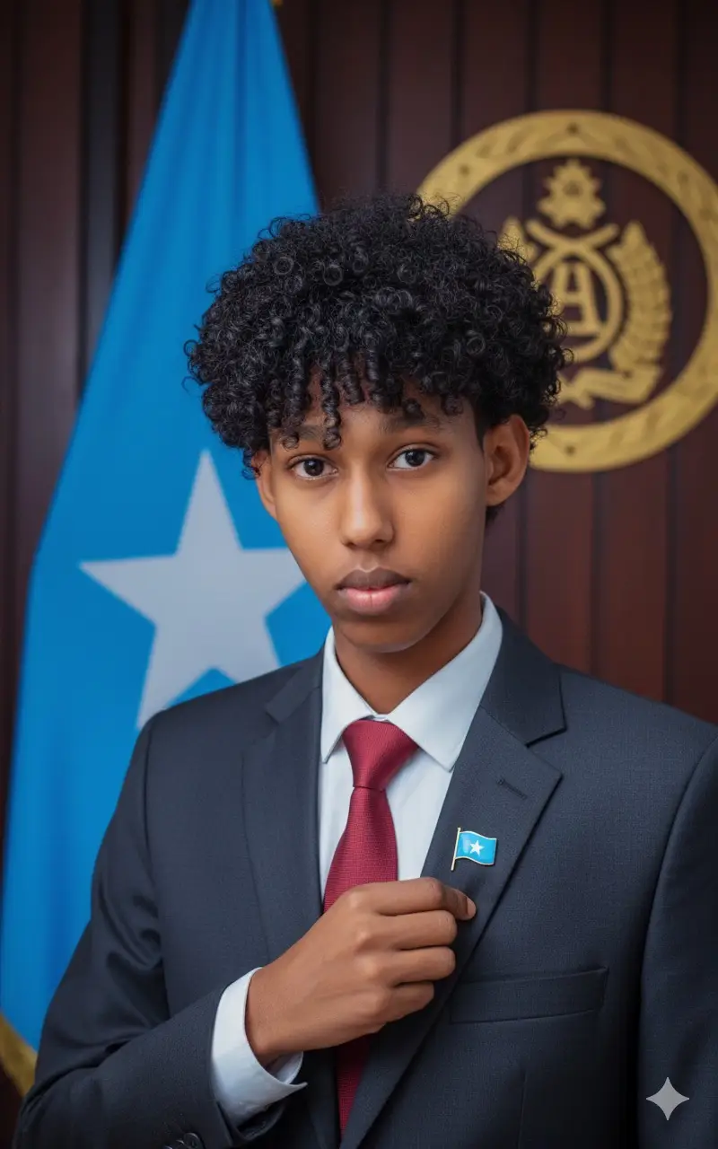 #viraltiktok  #Gimini  #viralvideo  : A formal portrait of a young man with the face did not change and hair, wearing a sharp dark grey suit, a white shirt, and a deep red tie. He is looking camera, with a focused and serious expression, and is adjusting or touching a Somalia flag pin on his lapel. In the background, slightly out of focus, is a large flag of Somalia and a circular emblem on a dark wooden wall, suggesting a formal government or international setting. The lighting is even and professional, highlighting the textures of his suit and the flags.