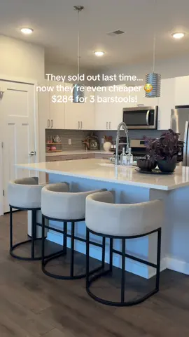 UPDATE: They sold out last time… now they’re even cheaper 🤍 $284 for 3! #selenasincerely #barstools #aesthetichome #viralbarstools 