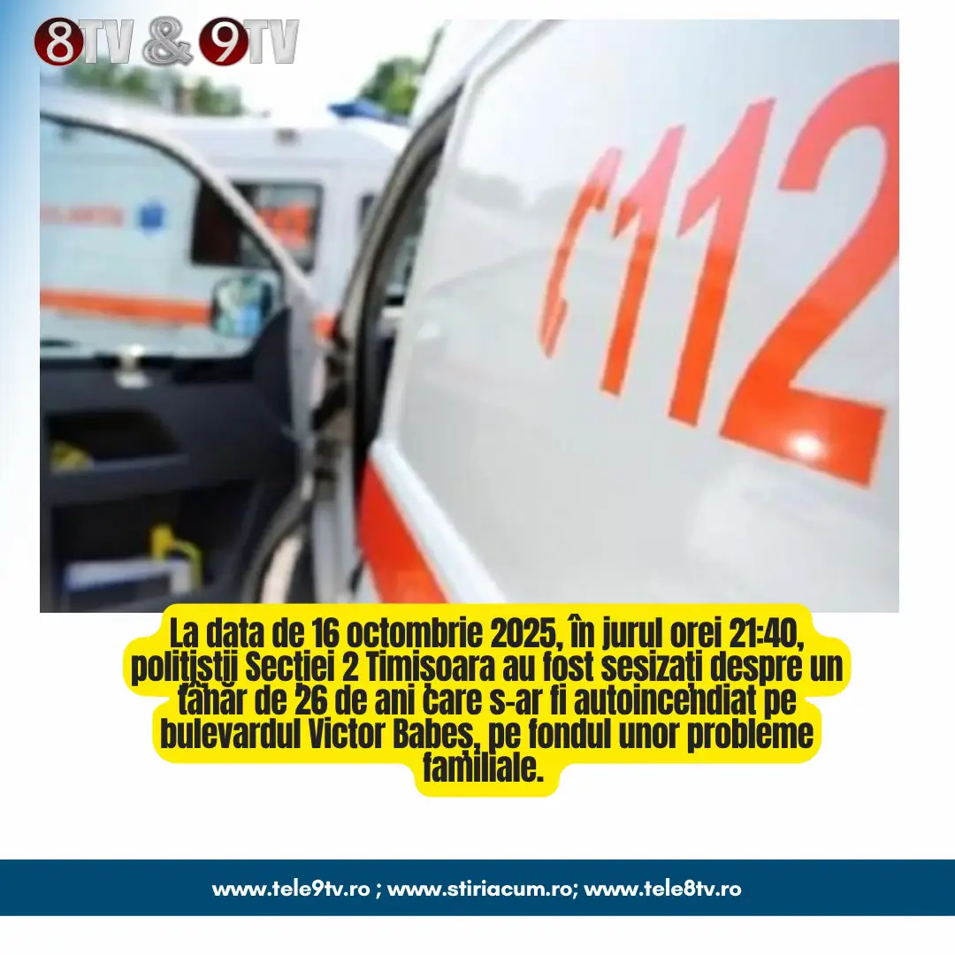 La data de 16 octombrie 2025, în jurul orei 21:40, polițiștii Secției 2 Timișoara au fost sesizați despre un tânăr de 26 de ani care s-ar fi autoincendiat pe bulevardul Victor Babeș, pe fondul unor probleme familiale. După incident, acesta a intrat în curtea interioară a unei clinici medicale de pe același bulevard, unde a fost preluat imediat de cadrele medicale pentru acordarea îngrijirilor de specialitate 🏥👨‍⚕️ Tânărul este aparținătorul unei paciente din cadrul clinicii. Polițiștii efectuează în prezent verificări pentru stabilirea întregii situații de fapt. 👮‍♂️📋 #IPJTimis #Timișoara #Incident #PolițiaRomână #Știri  