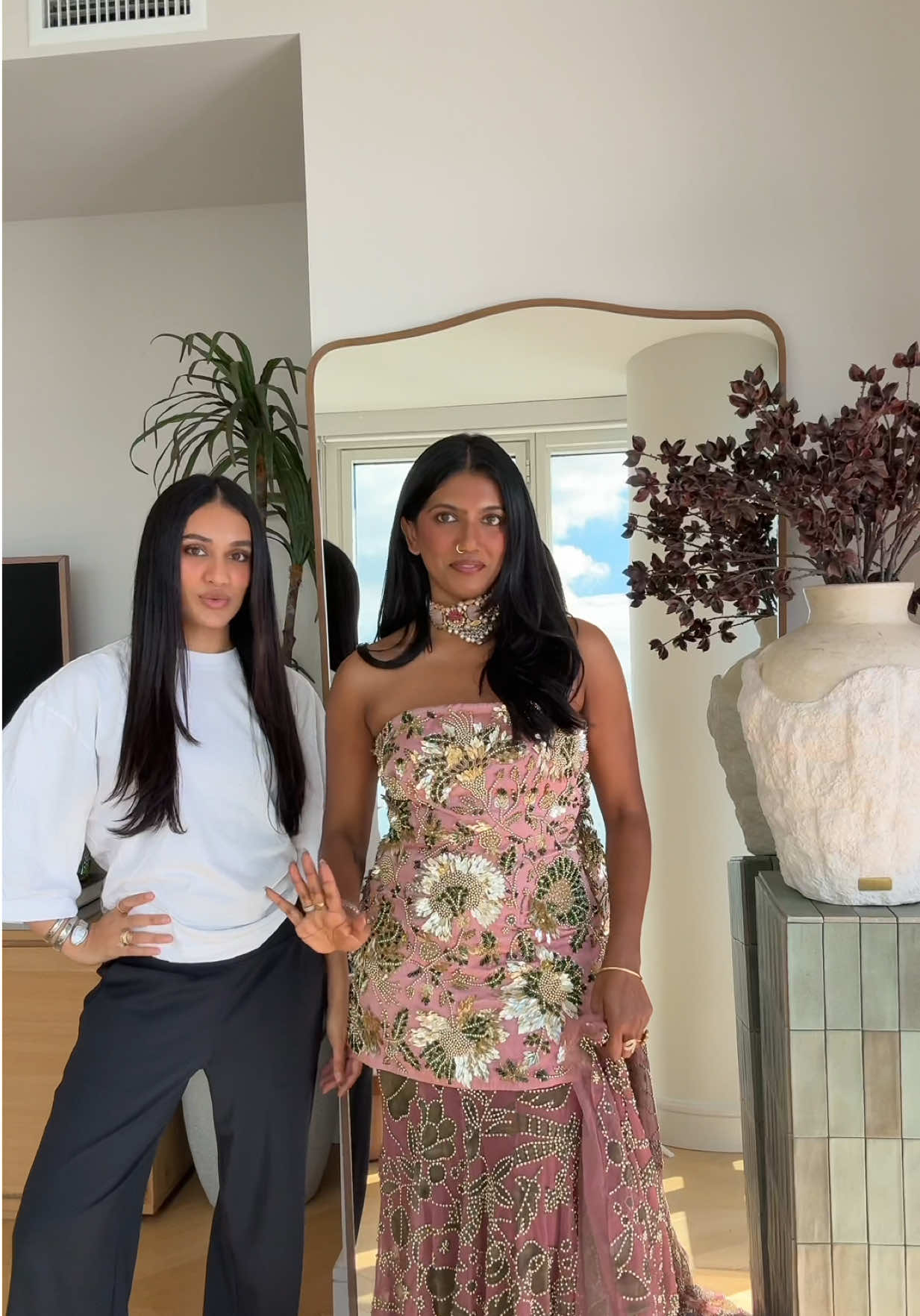 My girl @Just Jully styling me for @tarte cosmetics Diwali 🪔 party tonight! Which fit do you love? Loved them both but decided to go with the pink 🥰 #browngirl #browntiktok  Dress designer - @Payal&zinal 