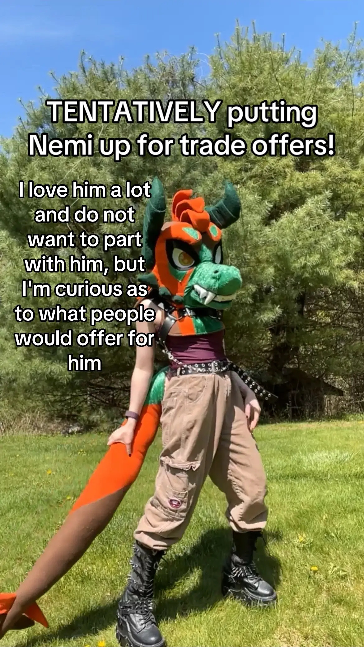 Tentatively putting Nemi up for offers to see what people would offer for him! I love him a lot and am not looking to get rid of him, but I'm curious to see if anybody has a suit I'd better connect with. When offering PLEASE keep my requirements in mind! Like I said I will be VERY picky and I will automatically turn down fem suits and lq suits. #fursuit #fursuitfortrade #fursuittrade #dragonfursuit #dragon 