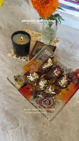 Ingredients:   6 Medjool dates   2 tbsp pistachio butter   Crushed almonds   ½ tsp rose water   1/4 tsp cardamom   Optional: desiccated coconut Instructions: 1. Mix pistachio butter, rose water, and cardamom together in a small bowl 2. Slice dates open, fill with the mixture, & top with crushed almonds & dried rose petals. (I added coconut as well!) 3. Refrigerate for at least 10 min  #Diwali #desserts #healthydessert #stuffeddates #easydesserts 