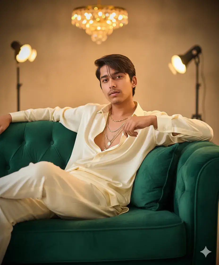 8K ultra-realistic high-fashion editorial of a young man with hair over the eye (reference face), lounging casually on a luxurious velvet sofa in a modern studio. Wearing a silk ivory shirt half open with layered necklaces, paired with cream tailored pants. Soft golden light and blurred chandelier glow in the background. Elegant, classy, trending editorial with 100% face matching. #trending #geminiprompt#foryou #viraltiktokphoto#unfreezemyacount 