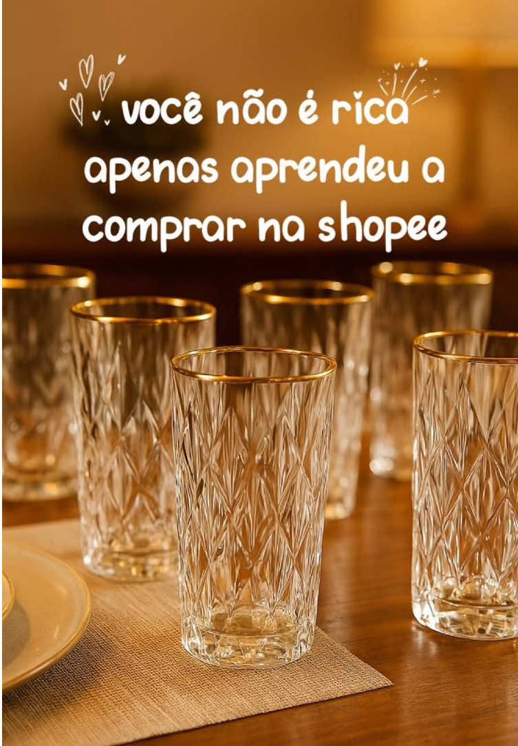 Jogo com 6 copos diamond de vidro com bordas douradas  Comente eu quero que te envio o link ✨ #achadosshopee #viraltiktok #cozinha 