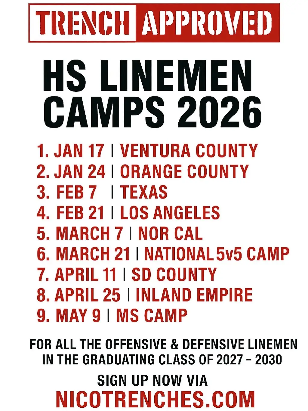 If you're looking to learn, compete or get more offers these are the camps for you. For all Linemen in the class of 2027 - 2030 ! Click the link in bio to sign up.  Centers, Guards, Tackles, Defensive End, Defensive Tackle, Nose Guard, 1 Tech, 3 Tech, 5 Tech,   #footballtraining #dline #oline #offensivelineman #dlinemen 