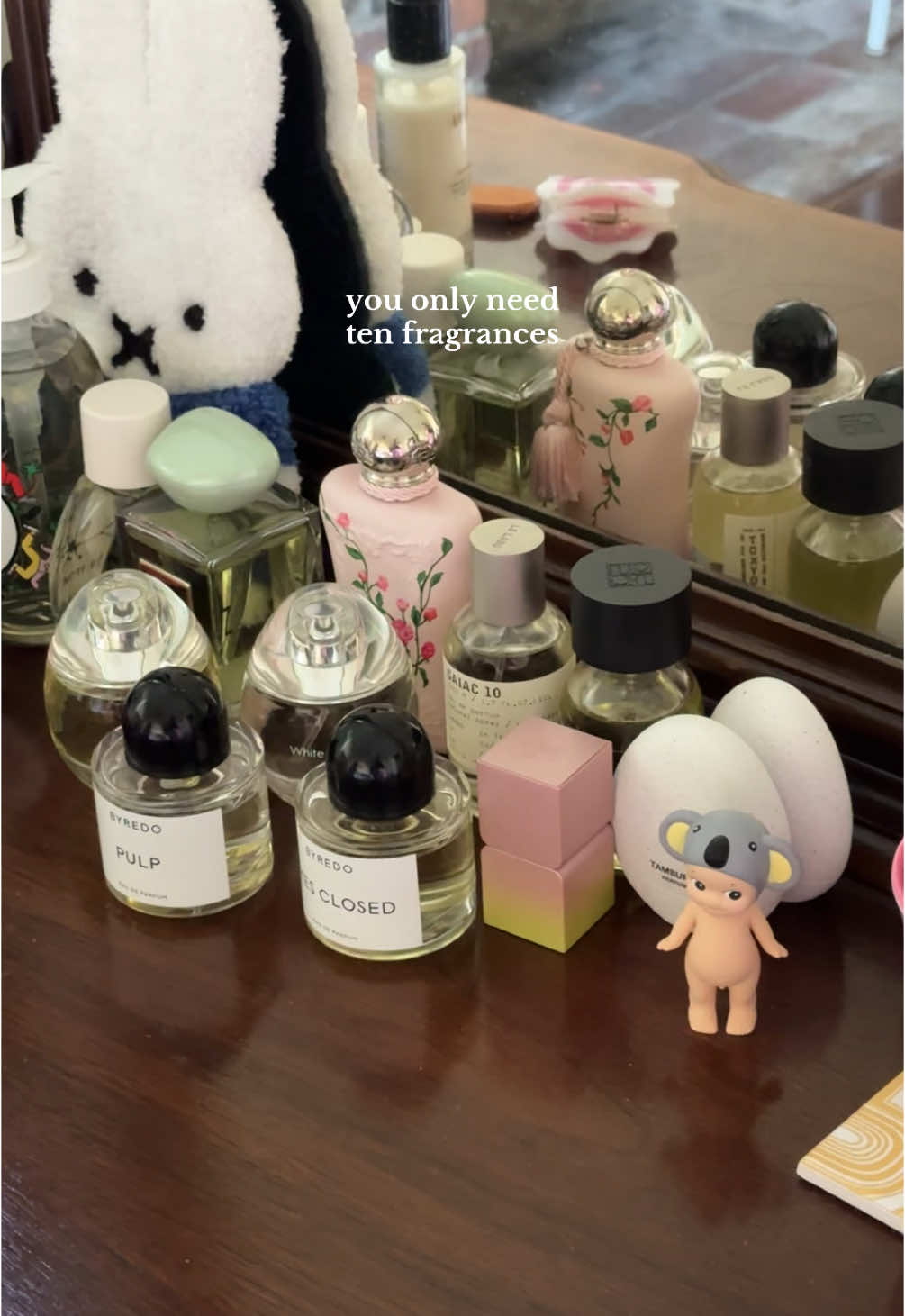 tbh you definitely don’t need ten fragrances! I actually struggled to pick ones for some of these categories 😫 in order they were shown: tamburins evening glow, byredo pulp, byredo eyes closed, elorea gentle shower, Armani Privé Thé Yulong, tamburins pumpkini, le labo gaiac 10, parfum de Marly delina, D’Annam white rice, D’Annam pomelo oolong*gifted. #perfume #fragrancetiktok #byredo #dannam #lelabo 
