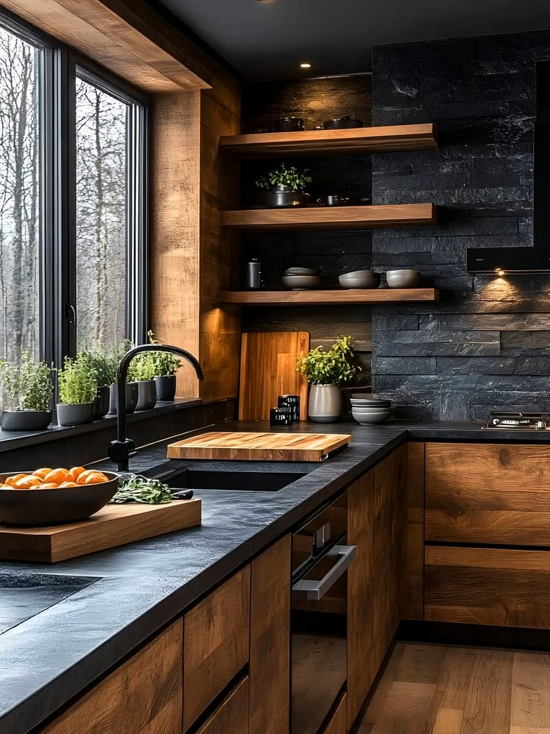 This kitchen makes mornings feel like a movie ☀️🌿 Natural wood + black slate = timeless perfection. #DreamKitchen #ModernRustic #HomeDesign #KitchenVibes #FYP #homeaestheticspot #LuxuryHomes #DesignInspo #InteriorGoals #MinimalDesign #WoodAndStone #AestheticDecor #KitchenInspo #FYP #ModernLiving #DesignTok