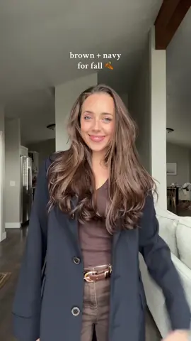 Outfit Details: 🤎 Top- @ZARA V-Neck  Pants- @onequince Bella stretch  Belt- @Amazon  Boots- @stevemadden  Diaper bag- @MINA BAIE  Coat- @Ralph Lauren from @Marshalls  #OOTD #navyblue #fallfit #outfitinspo 