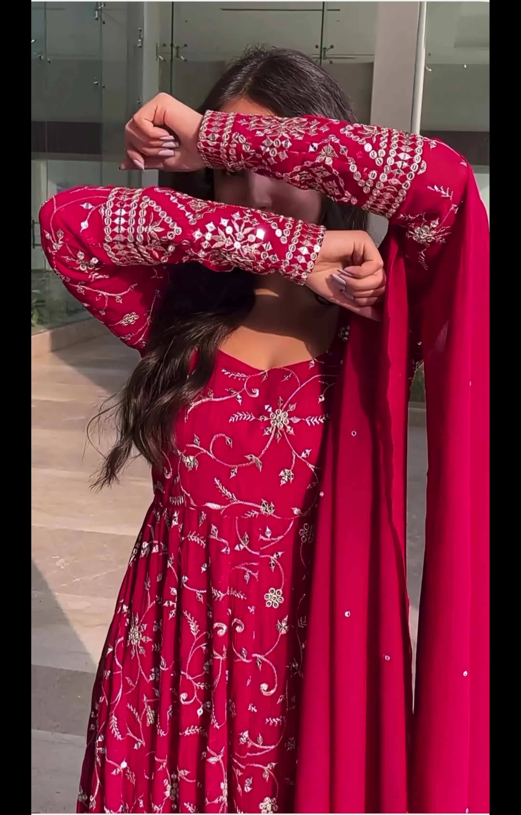 Dark Pink Color Women's Embroidered  Anarkali with Dupatta and Pants - Faux Blooming Fabric, Full Sleeves, Dark Pink #partywear #indianfashion #sarees #indianwear #weddingabaya #indianclothing #chowdhurydress #kameezshalwar #indiandress #indiancouture #pakistani #anarkali #wedding #desi #salvar