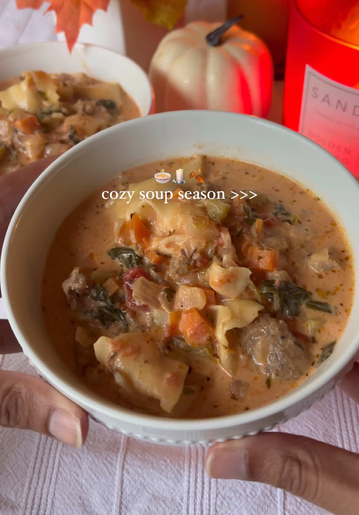 Creamy tortellini soup🍜🍂🥰  made it a goal of mine to cook more homemade meals and this one pot soup recipe was so easy and quick to put together! recipe is from @Chef Kilo P.  🫶🏽 - 1lb ground Italian sausage - 2 cups Spinach - 2 stalks Celery (finely diced) - 1 large carrot (finely diced) - 1 yellow Onion (diced) - 4 garlic cloves (minced) - 1 tbsp Tomato paste - 1/2 cup dry White wine - 4 cups Chicken stock - 2 cups @Red Gold Tomatoes Crushed tomatoes - 2 cups 5 cheese Tortellini - 1 cup Heavy cream - 1 heaping spoonful garlic and fine herbs @Boursin Cheese  - Fresh Italian parsley - Italian seasoning - Black pepper - Salt - Garlic powder #tortellini #souprecipe #souprecipes #easymealideas 