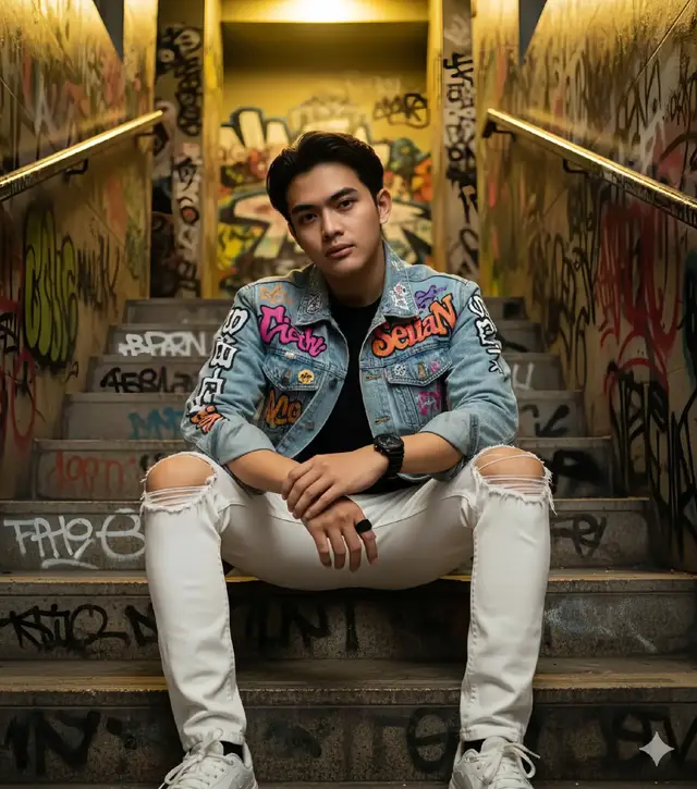 #trendingaiphotoprompt #gemini #fyp #aiprompt       📌 prompt 👇 buatkan seorang pria (gunakan foto upload)duduk di tangga beton yang dipenuhi dengan coretan dan graffiti warna-warni di dinding serta anak tangganya. Ia duduk dengan posisi santai namun tegas, kedua tangannya diletakkan di antara lutut, dengan pandangan tajam ke arah kamera yang memberi kesan percaya diri dan karismatik. Pria ini mengenakan jaket denim biru muda dengan berbagai logo berwarna mencolok  merah muda, dan oranye dan tulisan bertuliskan 'SeiiaN,  dipadukan dengan kaus hitam polos di dalamnya. Celana yang ia kenakan berwarna putih dengan sobekan di bagian lutut, serta dipadu dengan sepatu sneakers putih yang bersih dan bergaya modern. Ia juga mengenakan jam tangan hitam besar di pergelangan tangan kiri dan cincin hitam di jari tangan kanan. Latar belakang tangga dengan pencahayaan kuning keemasan di bagian atas menambah kesan dramatis dan urban, menghadirkan nuansa gaya jalanan (street style) yang kuat. Foto ini memancarkan aura cool, stylish, dan maskulin, cocok untuk konsep pemotretan bertema street fashion atau urban attitude.