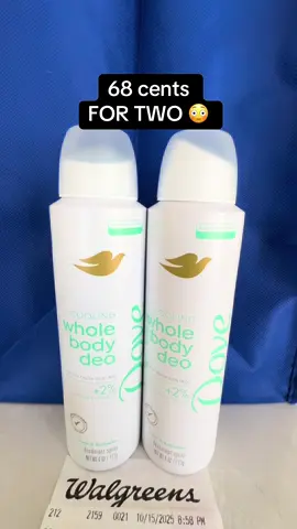 68 cents for 2 Dove whole body deodorant.  #walgreens #walgreenscouponing #dovedeodorant #deodorant 