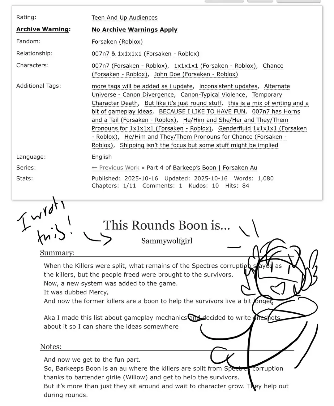 So Second one is another voice test I posted but the first is a bit more important for anyone who’s invested in my au So as I’ve been developing things I’ve been worried about stuff left on thr cutting room floor for pacing/time reasons (I’m trying not to bloat the main story so it gets finished period) but there’s still ideas I want to explore or little tidbits I find interesting  Soooo I’m gonna write em and that oneshot collection is basically elaborating on the split casts support abilities just in case I don’t cover all of them in the main plot. Sooo yeah #forsakenau #forsaken #fanfic 