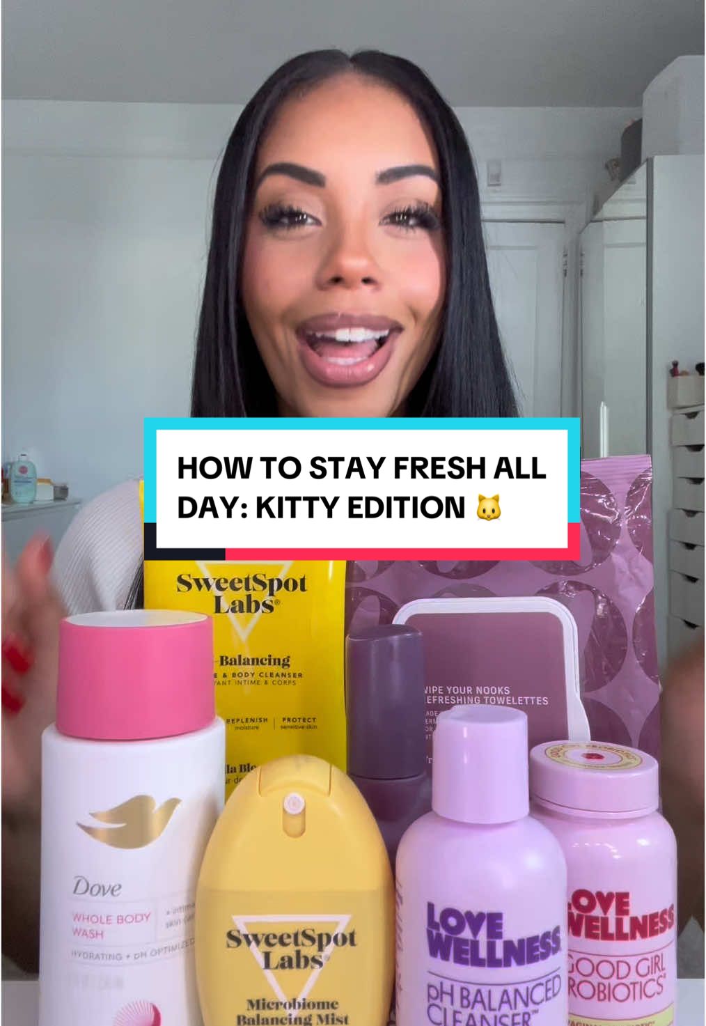 Here’s how I keep my kitty fresh, clean & balanced all day 🩷 🧼 Cleansers: @Dove Beauty & Personal Care Whole Body Wash + @lovewellness pH Balancing Cleanser 💊 Probiotic: @lovewellness Good Girl Probiotics 🧻 Wipes: @Niches and Nooks Wipes + @lovewellness pH Balanced Wipes 💦 Sprays: @nichesandnooks Body Spray + @sweetspots Microbiome Spray 🩸 Pads: @Rael Pads #femininehygiene #periodhygeine #hygieneproducts #probiotics #femininewash #phbalance #womenshealth #lovewellness #rael #dove #nichesandnooks 