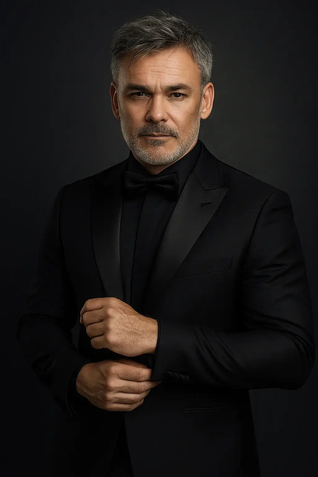 Crie uma imagem com base na foto do homem acima de um etrato editorial masculino em estúdio, capturado em alta definição 8K com iluminação de três pontos (key light suave à esquerda, fill light discreta à direita e hair light sutil atrás para destacar o contorno do cabelo e ombros). O homem adulto está posicionado em pé, em meio corpo, com olhar confiante e expressão neutra voltada ligeiramente para a câmera. Ele veste um terno preto de corte slim fit, com lapelas acetinadas, camisa preta e gravata borboleta preta, transmitindo elegância e sofisticação clássica. As mãos estão ajustando o punho da manga do paletó, criando uma pose natural e assertiva. O fundo é neutro e escuro (cinza grafite a preto), com leve degradê de luz que adiciona profundidade e destaca o sujeito. A textura do tecido do terno apresenta reflexos sutis capturados pela iluminação direcionada, evidenciando o contraste entre o brilho acetinado das lapelas e o material fosco do restante do paletó. A fotografia tem contraste equilibrado, tons frios, baixo ruído digital, e foco nítido no rosto e na parte superior do tronco, com profundidade de campo rasa (fundo suavemente desfocado). O estilo visual combina moda masculina contemporânea com estética de retrato de luxo editorial.