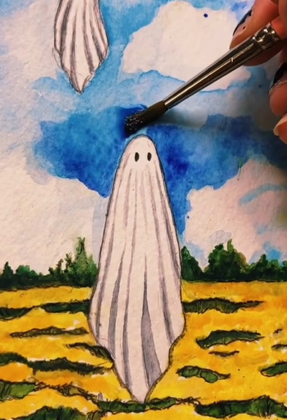 Spooky season is upon us, so here is one of my oldie but goodie ghostly paintings. Prints of this piece up for grabs! #watercolorpainting #halloween #sheetghost #ghost #arttok 