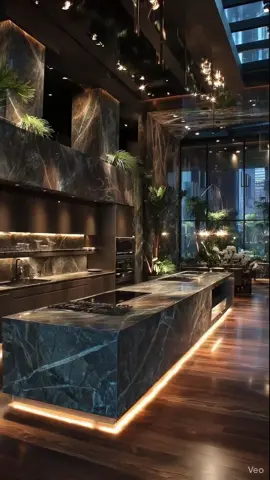 Không gian bếp sang trọng với tone màu đá xanh huyền bí, ánh sáng vàng ấm và sàn gỗ tự nhiên tạo nên tổng thể đậm chất resort giữa lòng thành phố — tinh tế, hiện đại và gần gũi thiên nhiên.#noithathiendai #noithatbep #luxurykitchen #noithatsangtrong 