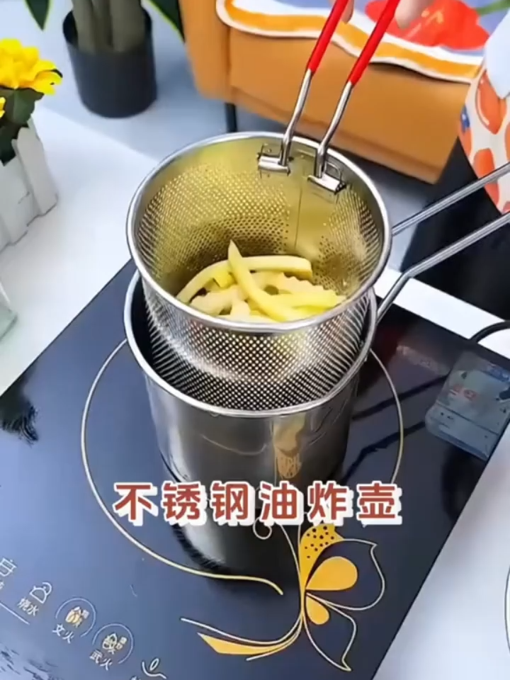1) Olla para freír sin salpicaduras 🔥 Acero inoxidable + cesta desmontable 🍟 Ideal para papas, nuggets o empanadas.