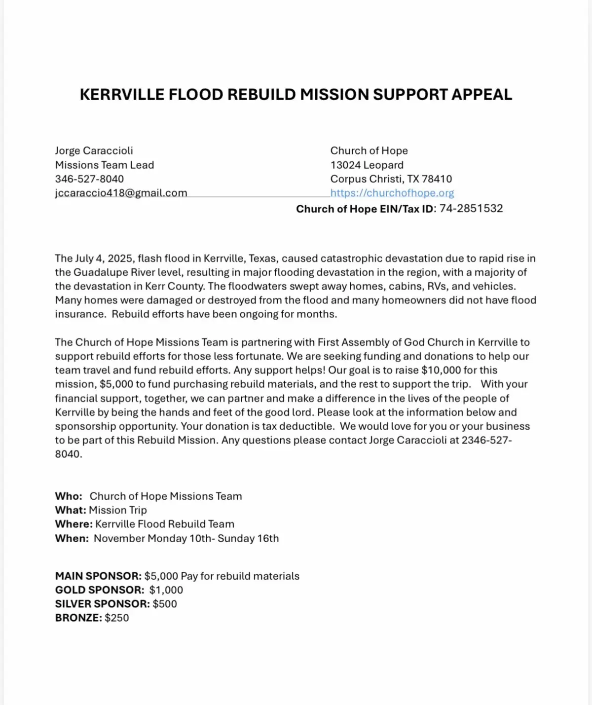 OK guys we need your help!  🙌 We’re doing a local mission trip with Church of Hope! ❤️ We’re heading to Kerrville to help rebuild houses and restore the community after the devastating floods. 🏠✨ Please feel free to donate to help us make a difference through this mission! Every little bit counts. 🙏 #ChurchOfHope #MissionTrip #CommunityRebuild #KerrvilleStrong #FaithInAction    