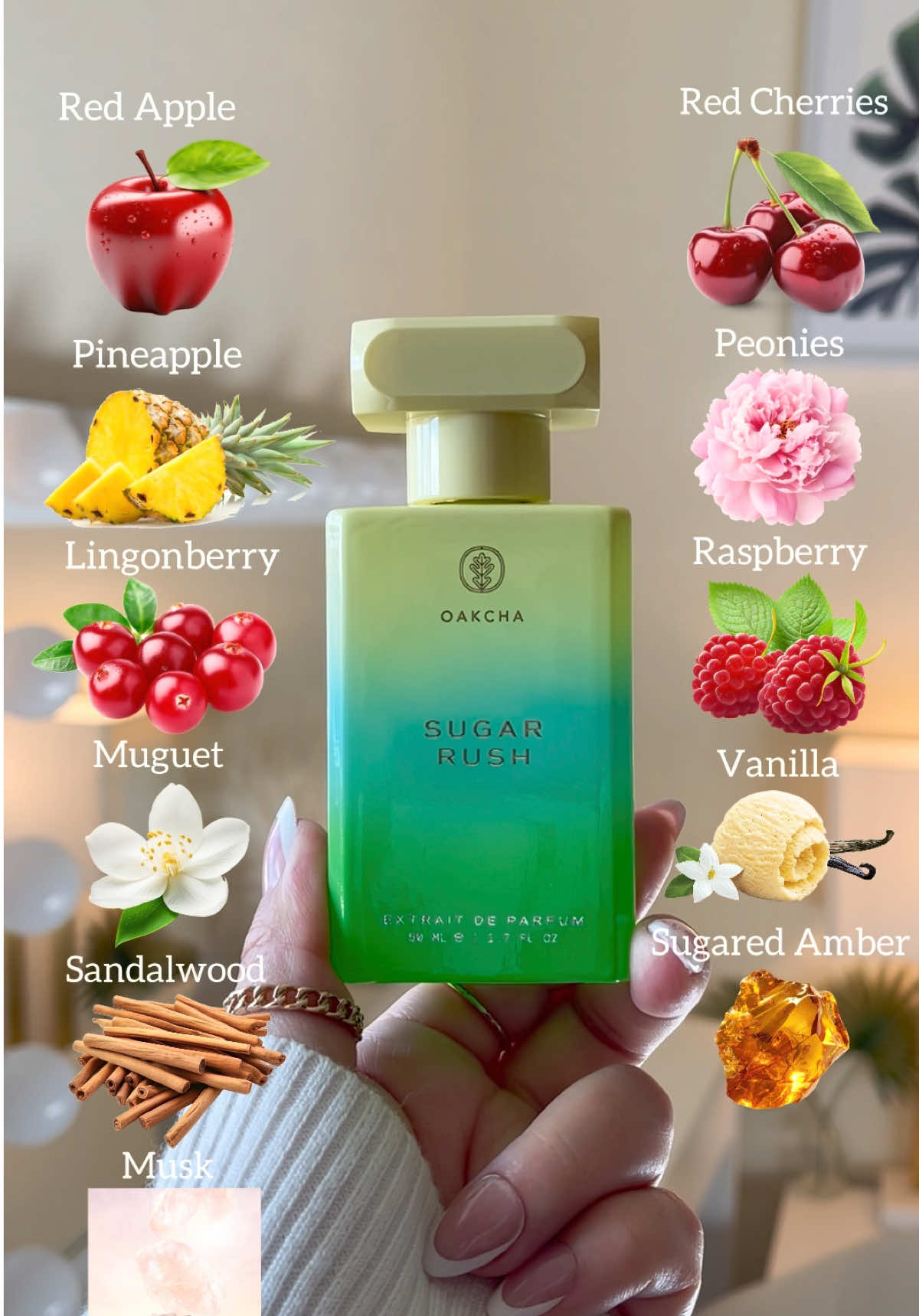 Sugar Rush🍭🍒🍎 @Oakcha  If you want to smell like the sweet swedish fish gummy candies🍬 you need to try this fragrance💕  🍭🍒Top Notes: Fresh Apple, Red Cherry and Lingonberry.  🍭🍎Heart Notes: Pineapple, Raspberry, Muguet and Peony. 🍭🌸Base Notes: Vanilla, Sandalwood, Musk and Sugared Amber.   Click the orange cart to shop!🛍️  #oakcha#sugarrushperfume#perfumetiktok#perfumetok#sweetperfume 