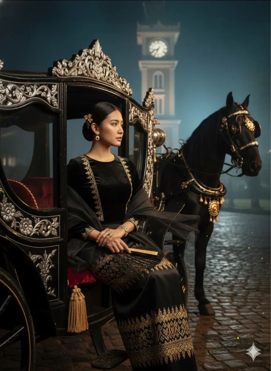 Use the exact same woman from the uploaded photo — keep her original face, skin tone, and identity exactly the same. Create an ultra-realistic 8K cinematic portrait inspired by the midnight luxury of Pyin Oo Lwin. She sits gracefully inside a Victorian–Myanmar royal-style horse carriage, finished in black lacquer with silver and gold floral carvings, drawn by a majestic black horse with a polished harness decorated with gold ornaments. She wears a modern Myanmar traditional outfit — a black silk velvet yinzi blouse and acheik htamein, adorned with gold-thread acheik embroidery along the sleeves and neckline, and a soft layered tulle shawl draped elegantly over one shoulder. Her accessories include Myanmar-style gold-and-onyx earrings, a thin gold bracelet with gemstone inlay, and a lace fan resting gently on her lap. Her hair is styled in a sleek side-part wave, glossy and refined, decorated with a small golden thazin flower pin. The carriage interior glows warmly with golden lantern light, casting a soft highlight on her smooth skin and detailed gown texture against crimson velvet cushions and gold tassels. Through the window, the Pyin Oo Lwin Clock Tower shines clearly under the cool misty midnight sky (9:45 PM), its light reflecting off the wet cobblestone road while tiny fireflies hover near the horse’s hooves. Her pose: right hand lightly resting on the carved window edge, left hand on her lap, gazing calmly toward the window — elegant, poised, and noble. Cinematic HDR lighting, ultra-sharp detail, luxury Burmese atmosphere, romantic fog, soft wind movement through her shawl.#prompt #aigeneratedart ##viral #foryoupage #ရောက်ချင်ရာရောက်တော့😑 