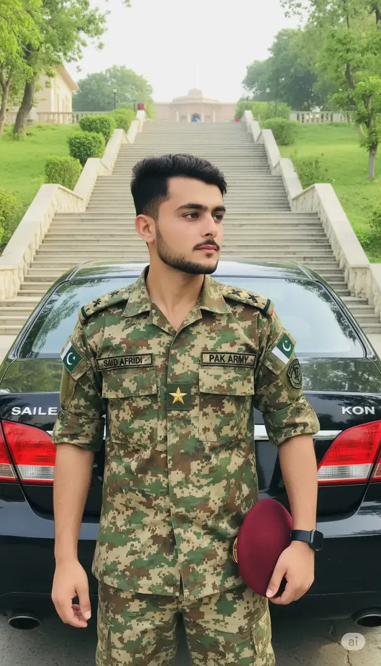 :promt Face must be 100% identical to reference image, no change in features or identity. A young man with a trimmed beard, standing upright wearing a digital **Cabofalg military and style jacket with the Pakistani flag logo on his shoulder and a military cap. Wearing an Smart watch and. 