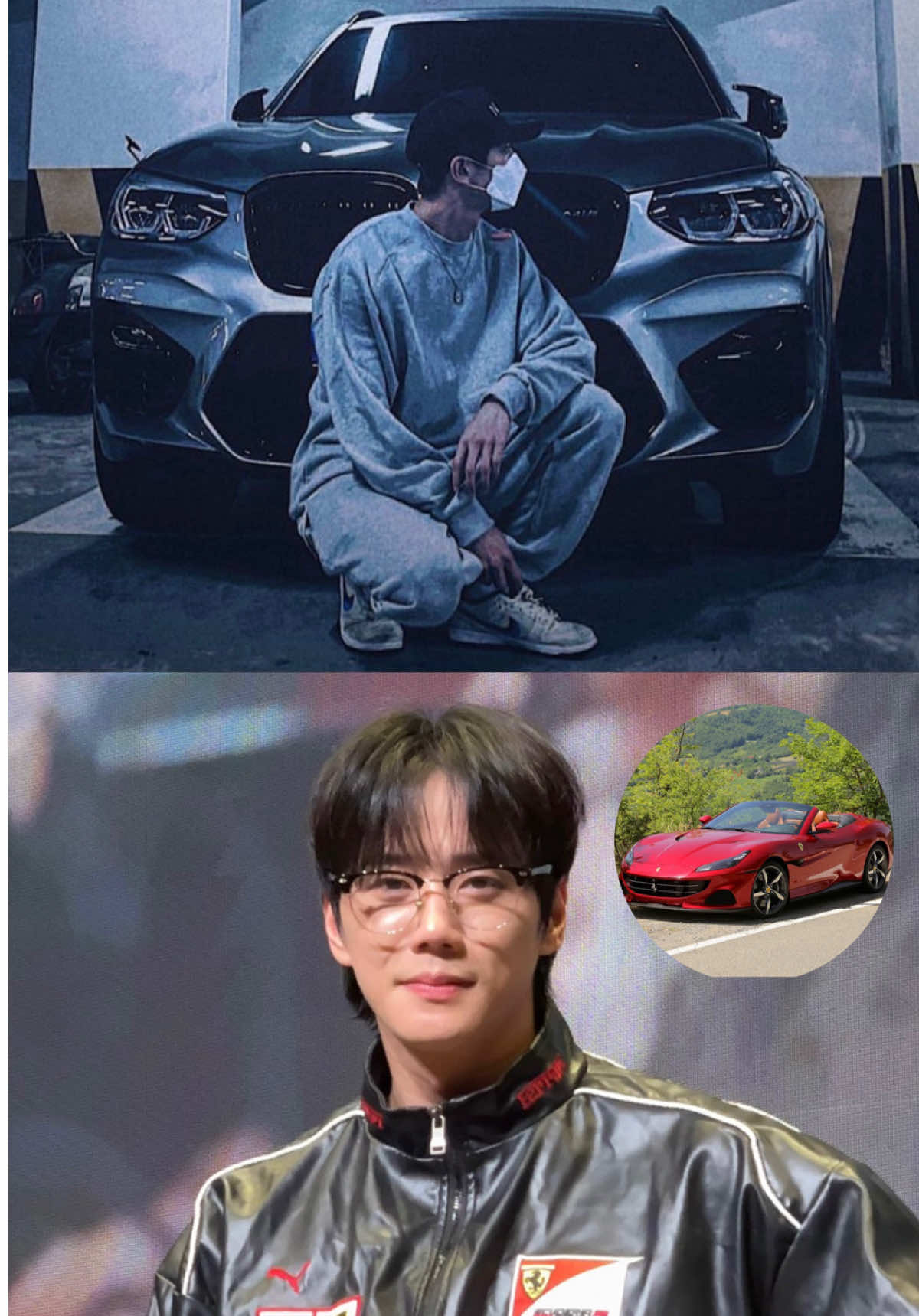 ảnh dân chơi ngầm đó :))) chiếc BMW tui đoán là BMW X3 M 🦏 (xe SUV thể thao), còn chiếc Ferrari là Ferrari Portofino 🏎️ (siêu xe GT mui trần) #leejunyoung #이준영 #xh