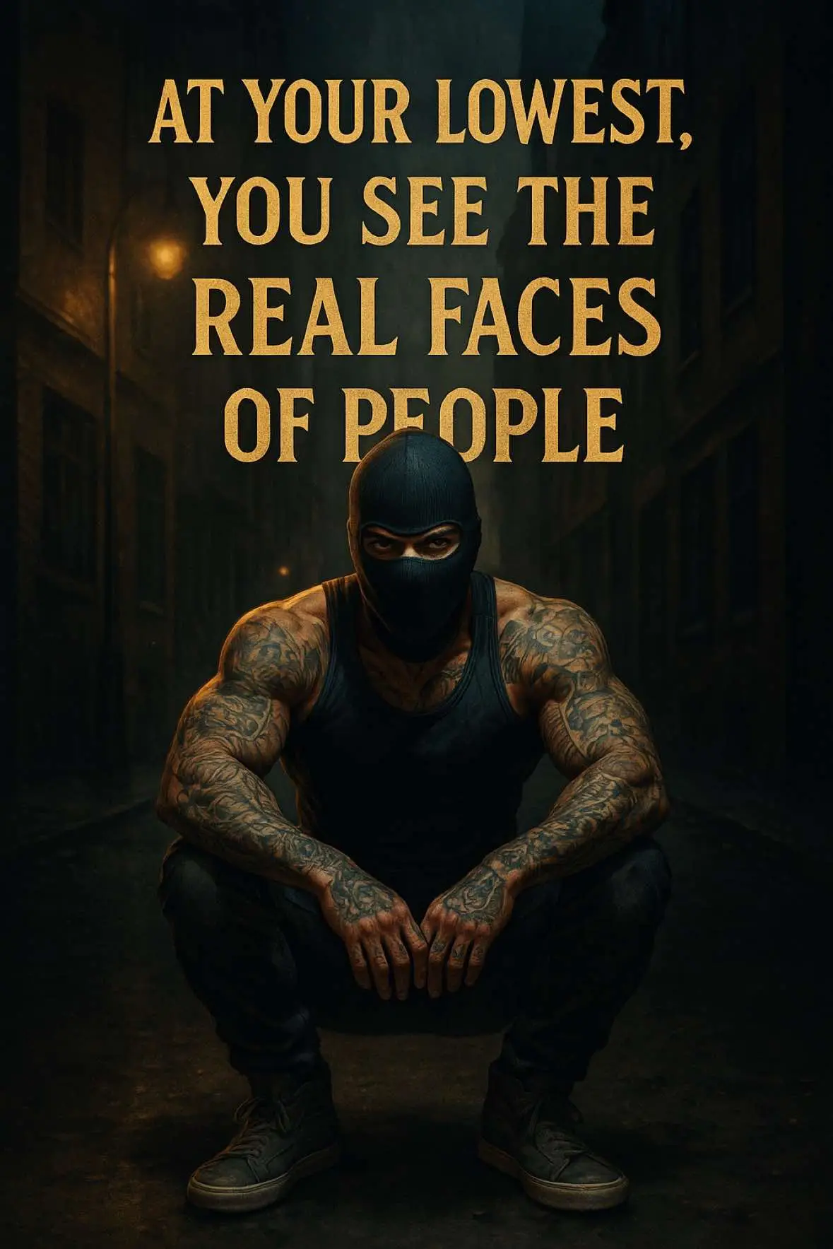 This AESTHYOS artwork embodies the harsh truth revealed during life’s darkest phases — “At your lowest, you see the real faces of people.” The visual captures a gritty, cinematic street tone with a masked, tattooed figure crouched under a dim light, symbolizing strength, betrayal, and revelation. The design’s moody lighting, muscular realism, and bold gold typography reflect both resilience and the solitude that comes with awakening to true human nature. It’s not just art — it’s a reminder that pain unveils truth, and that real growth begins when illusions fade. #aesthyos #aesthyosmindset #motivationalart #darkwisdom #truthquotes #betrayal #realfaces #lifelessons #staystrong #resilience #deepquotes #grittyart #goldandblack #streetphilosophy #innerstrength #aesthyoslegacy #masculineenergy #artoftruth #rawreality #aesthyosinspired